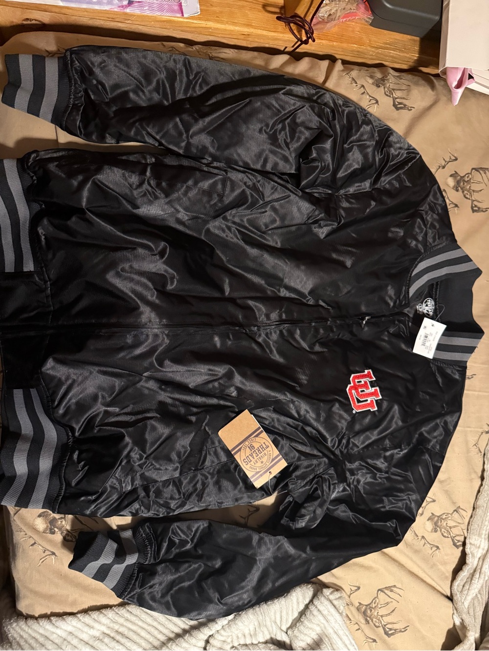 Men's Black Satin Bomber Jacket with Red Patch Utah small